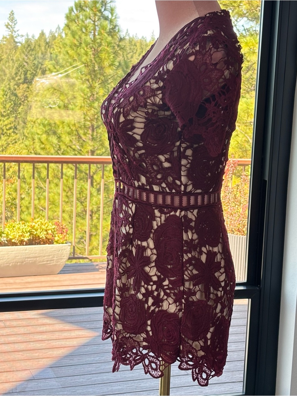 Love X Design Burgundy Floral Lace Romper XS Boho Crochet Cutout - Picture 2 of 15